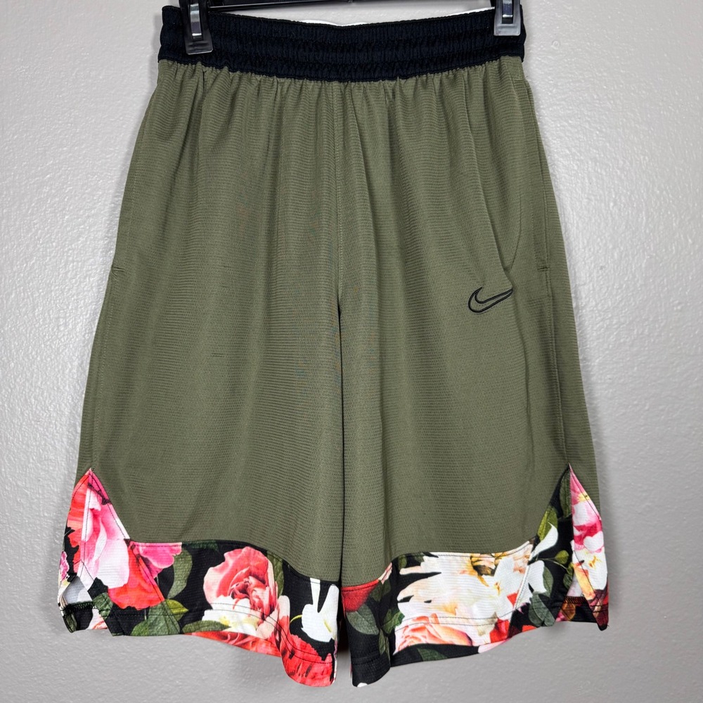 Nike DNA Dri Fit Athletic Basketball Shorts Olive Green Floral Trim Men's Size S
